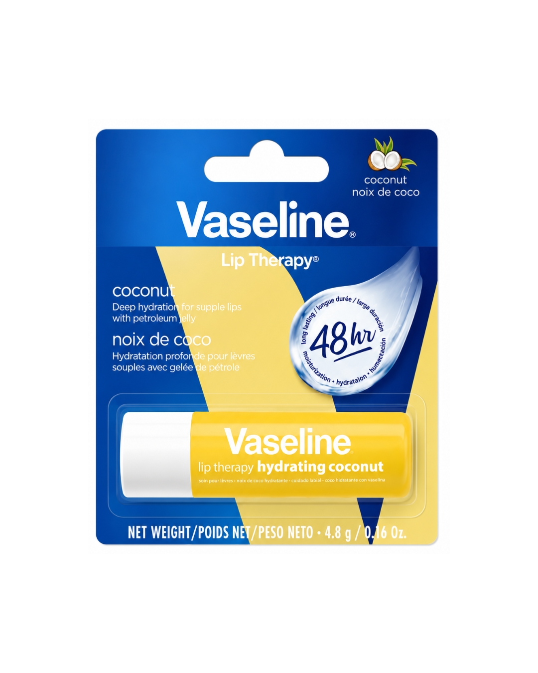 Vaseline Lip Therapy hydrating coconut lip balm in its original blue and yellow blister card packaging.