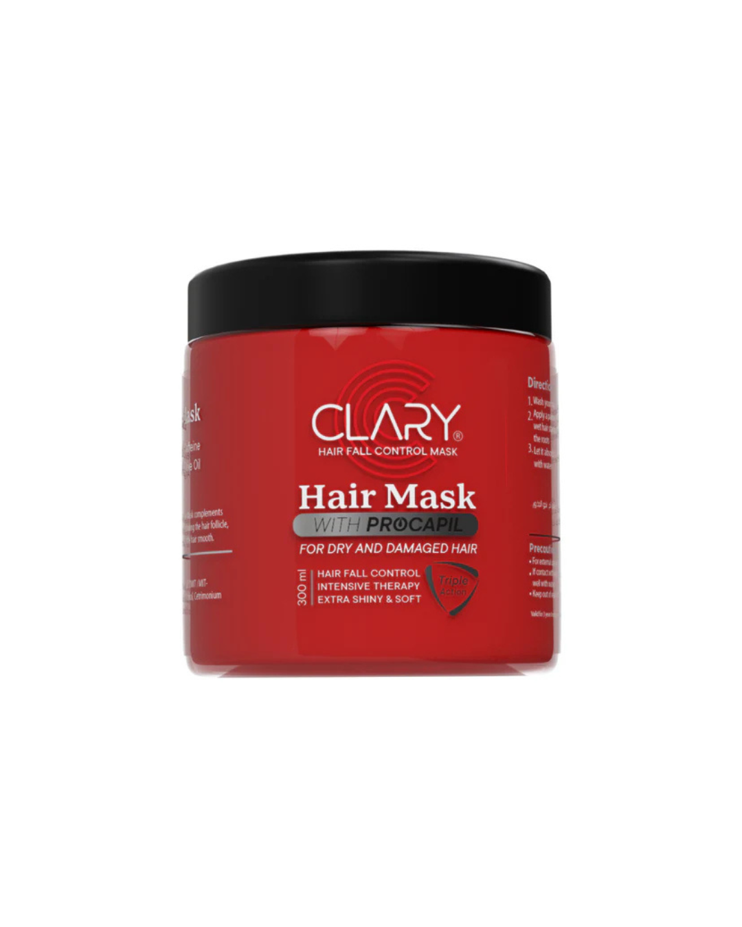 Red jar of Clary hair mask with black lid on a white background