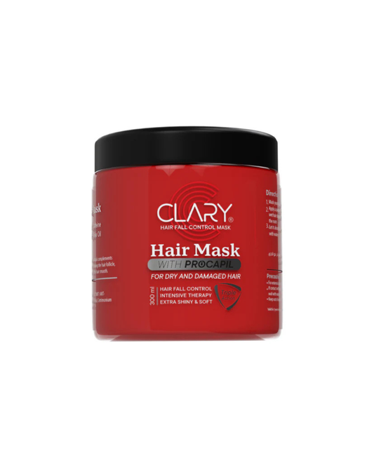 Red jar of Clary hair mask with black lid on a white background