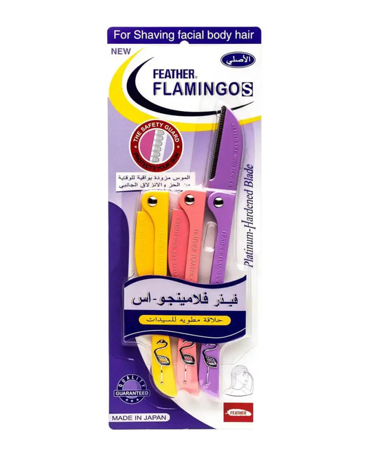 Packaging of Feather Flamingos razors with colorful handles on a white background