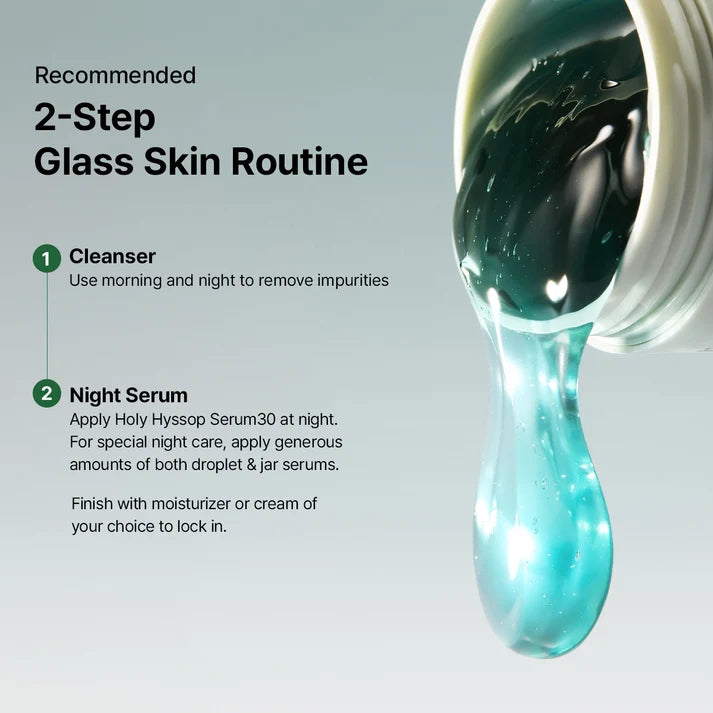 Glass skin routine with dropper and text on a light gray background