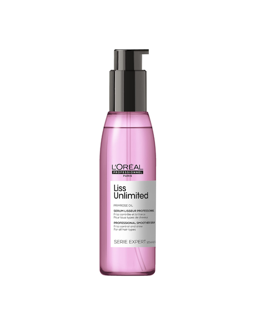 L'Oréal Professionnel Paris Liss Unlimited Shine Serum in a clear bottle with pink liquid and a black pump dispenser, shown on a plain white background.