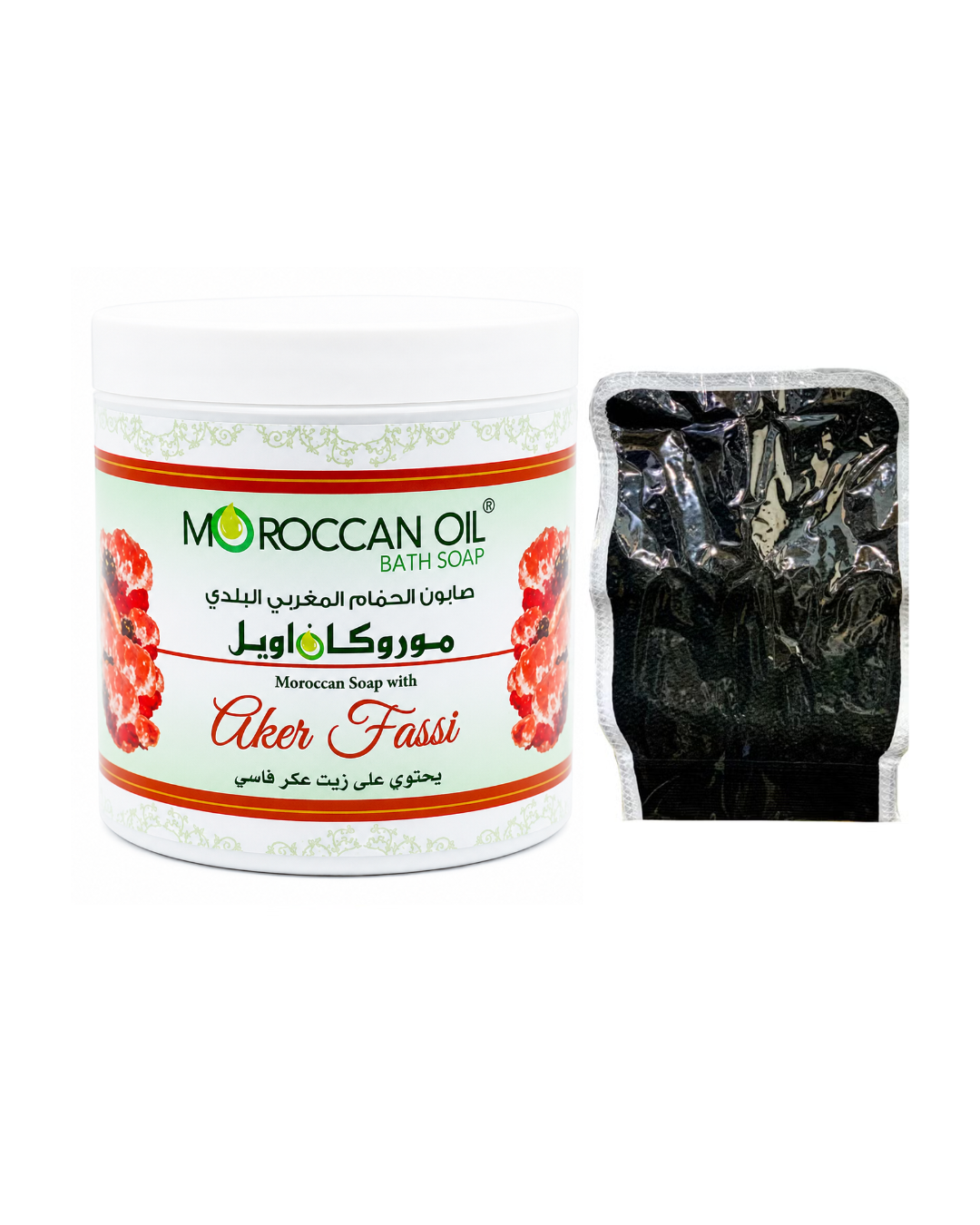 Moroccan Oil bath soap jar with a white background with a loofah 