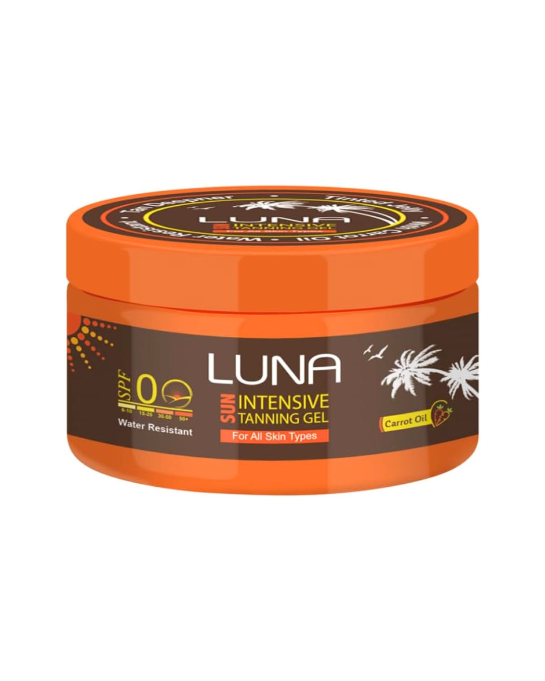 A jar of LUNA Intensive Tanning Gel with an orange container and a dark brown label featuring white and yellow text.