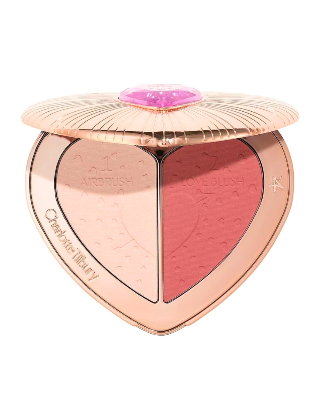 A heart-shaped cosmetic compact with a rose gold metallic finish, shown open to reveal two blush pans: a light peachy-beige 'ASPRUSH' and a coral-pink 'LOVEBLUSH'. The compact is set against a clean white background with a soft shadow.