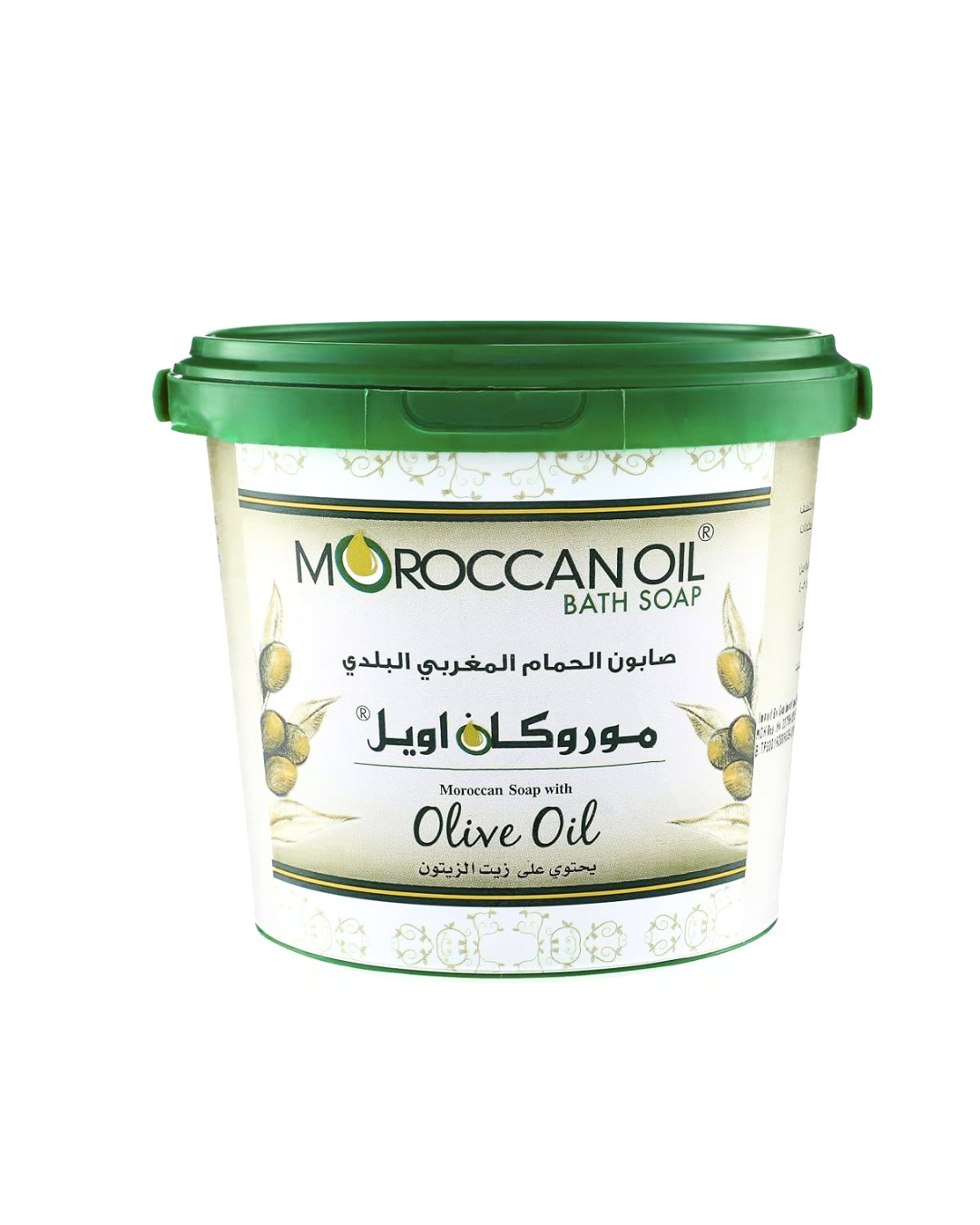 A tub of MOROCCAN OIL Bath Soap with Olive Oil, featuring a green lid and a cream-colored label with green accents and illustrations of olives.