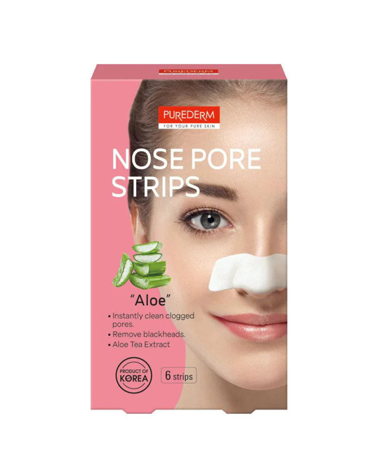 A box of PUREDERM Aloe Nose Pore Strips, featuring a pink background with a close-up of a woman's face showing a white pore strip applied, alongside an illustration of sliced aloe vera.