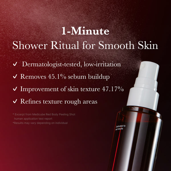 Skincare product with text about a 1-minute shower ritual for smooth skin on a dark background