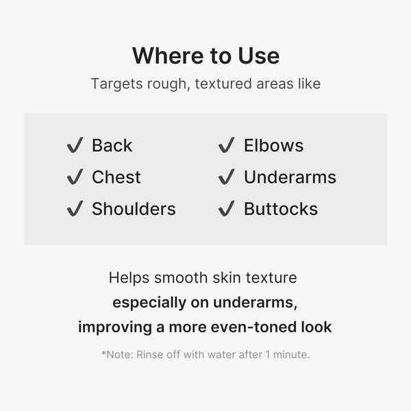 Text indicating areas to use a product for smooth skin texture on a white background