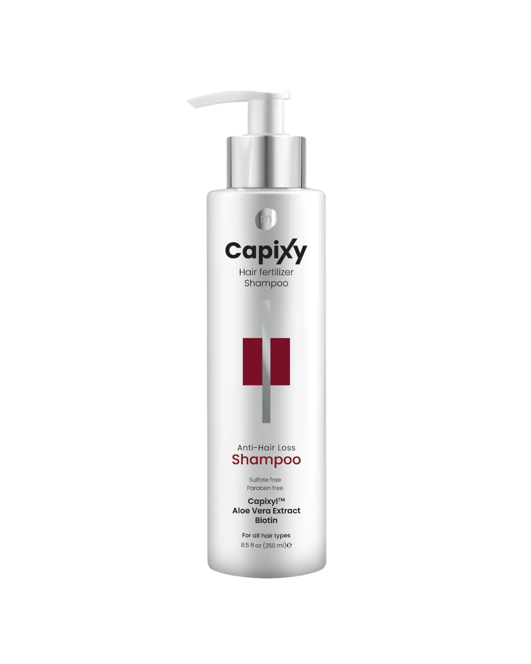 A bottle of Capixy Hair Fertilizer Shampoo with a white pump dispenser and silver cap, featuring red and black text on a white background.