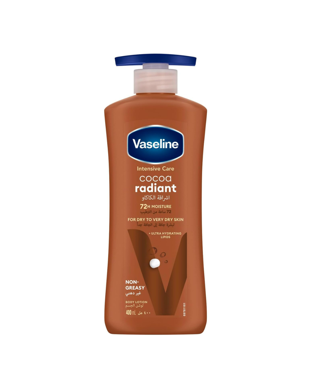 Vaseline Intensive Care Cocoa Radiant body lotion bottle on a white background