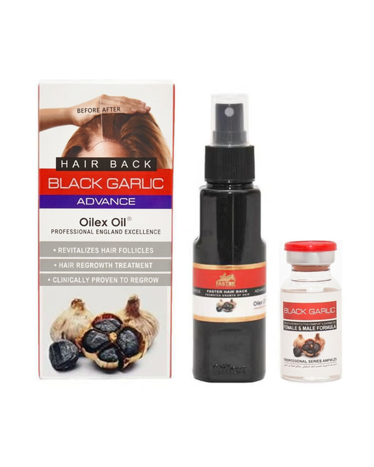 Black Garlic Advance hair care products including a box, oil bottle, and sample vial on a white background.