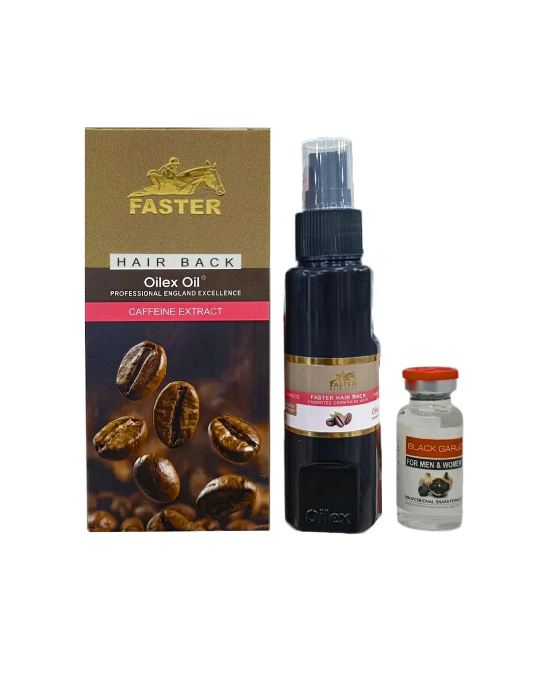 Faster Collection of hair care products including a box, oil bottle, and vial on a white background