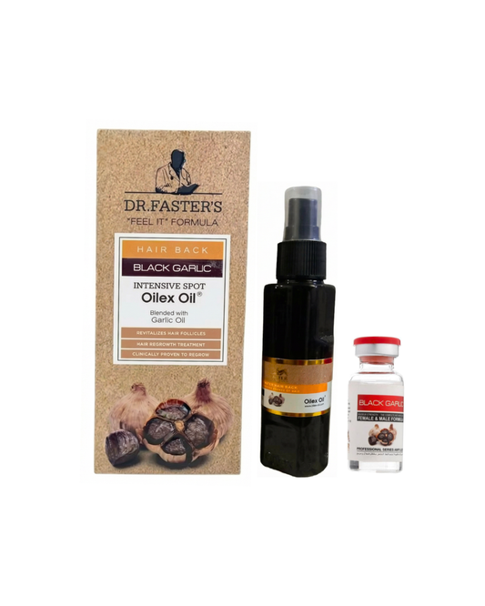 Dr. Faster's Black Garlic Intensive Shot Oleox Oil packaging with oil bottle and capsules on a white background