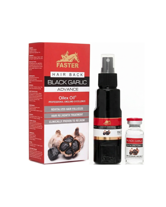 Faster Black Garlic Advance Hair Care products including a box, oil bottle, and vial on a white background.