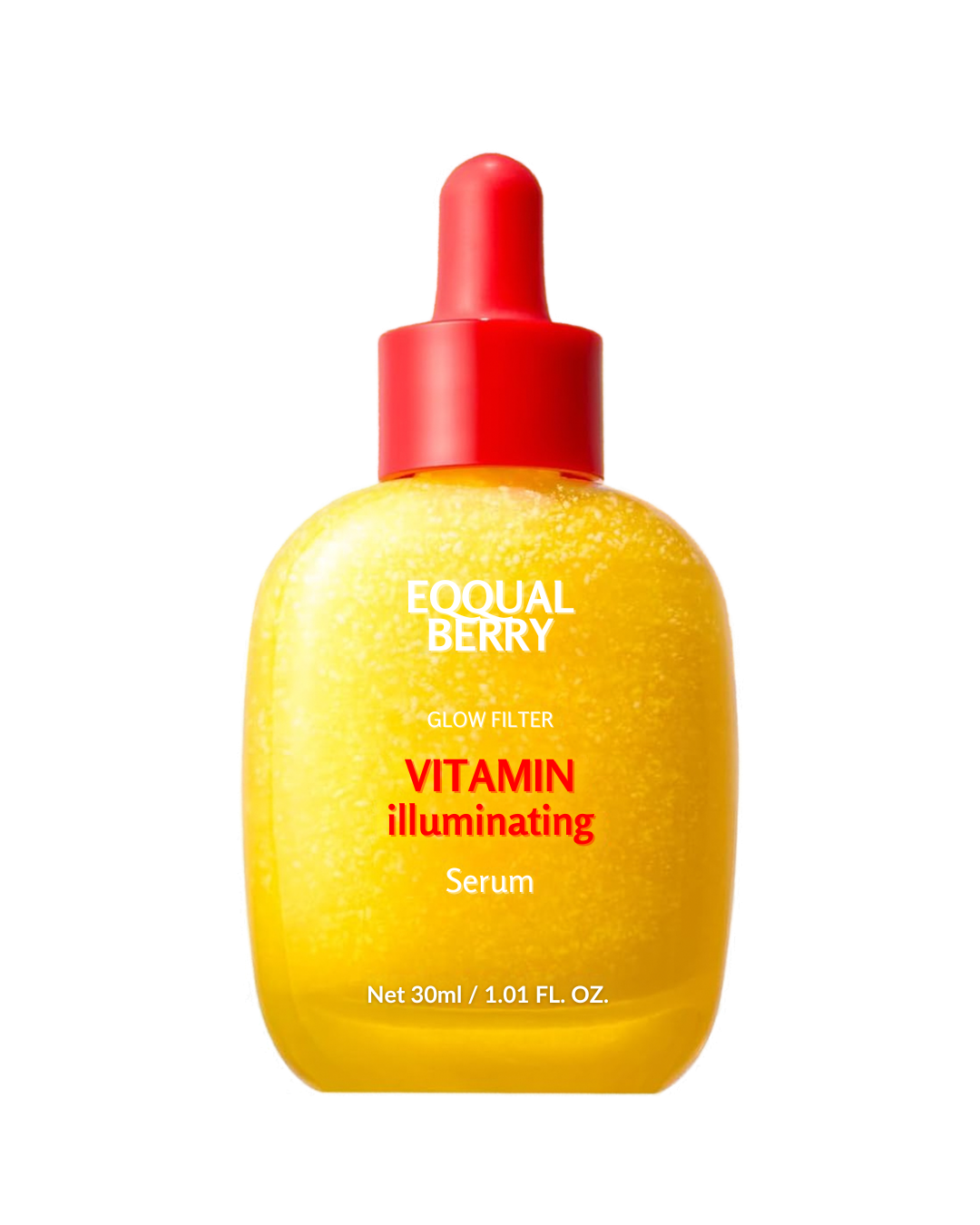 A 30ml bottle of Equal Berry Vitamin Illuminating Serum, featuring a bright yellow glittery liquid inside a rounded bottle with a red dropper cap, set against a plain white background.