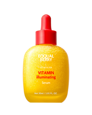 A 30ml bottle of Equal Berry Vitamin Illuminating Serum, featuring a bright yellow glittery liquid inside a rounded bottle with a red dropper cap, set against a plain white background.