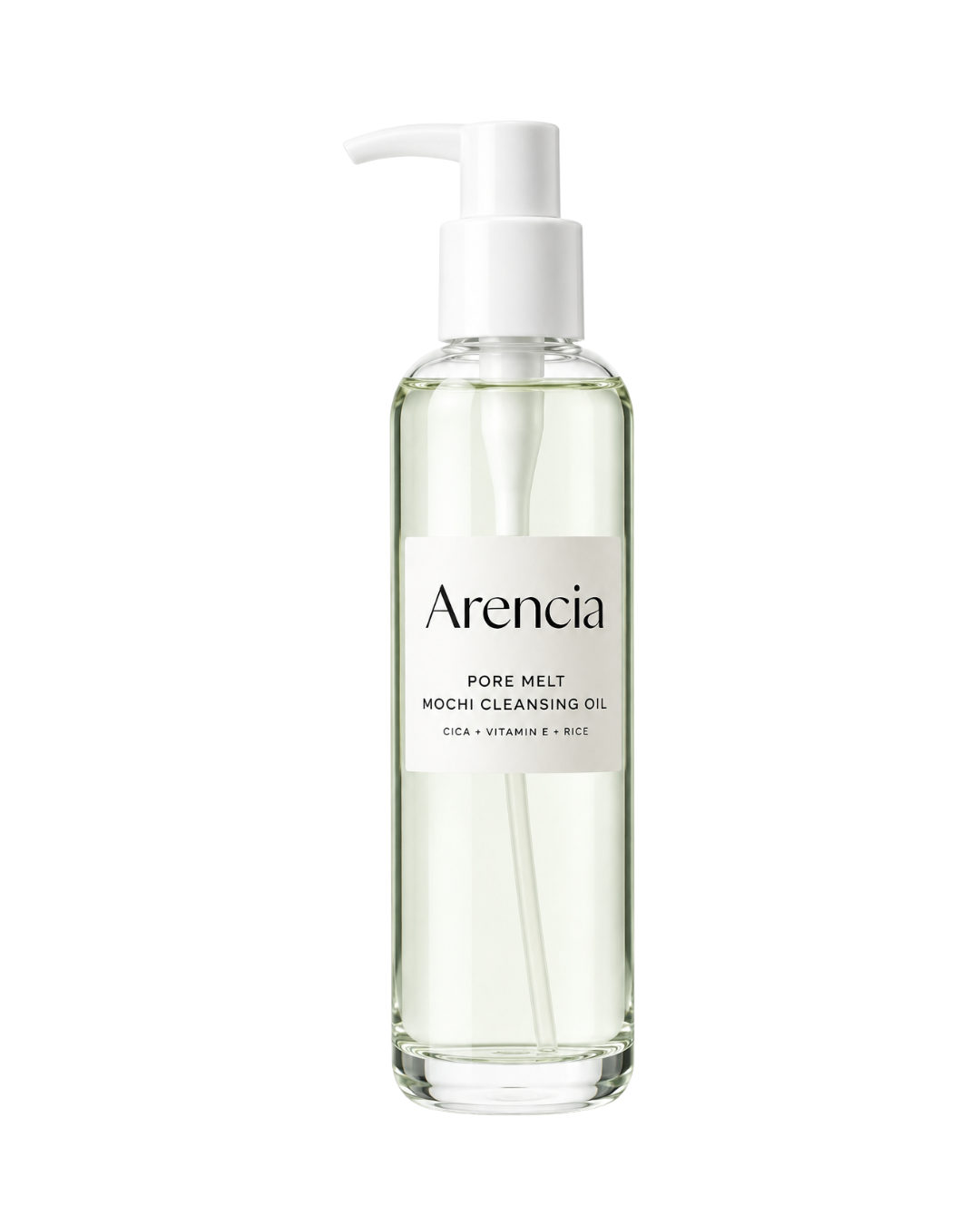 A clear bottle of Arencia Pore Melt Mochi Cleansing Oil with a white pump dispenser and a white label, set against a plain white background.