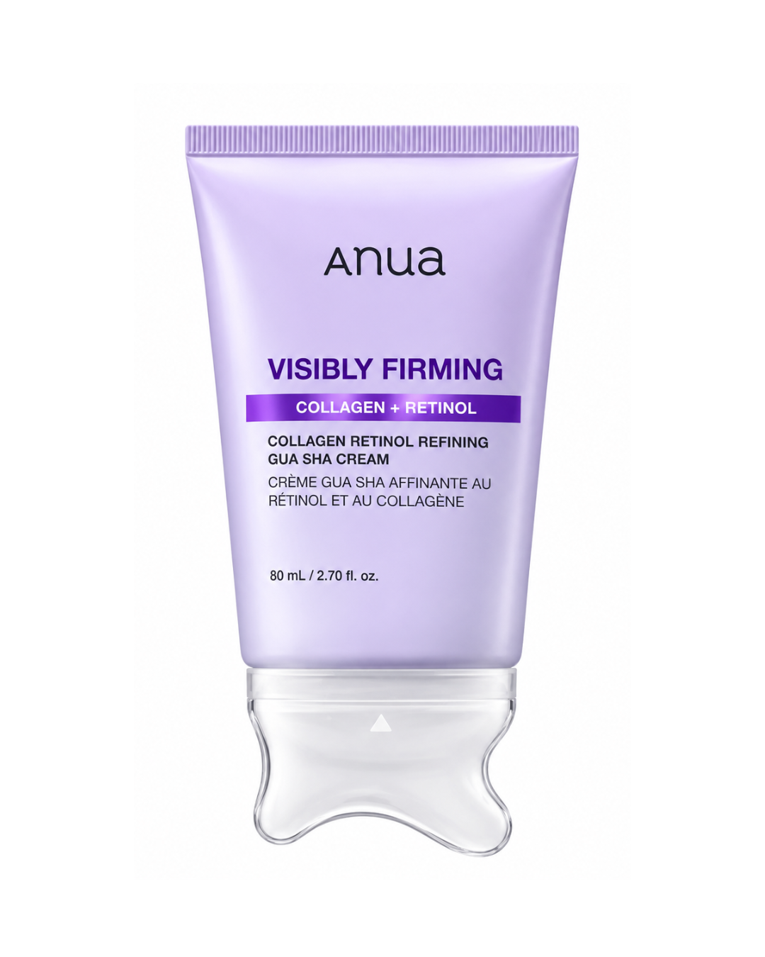 Anua Visibly Firming Collagen Retinol Refining Gua Sha Cream in a lavender purple squeeze tube with a clear silicone applicator tip, shown on a white background.