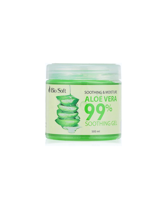 Jar of Bio Soft Aloe Vera 99% Soothing Gel on a white background