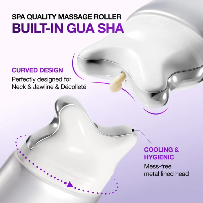 Massage roller with built-in Gua Sha tool on a purple background
