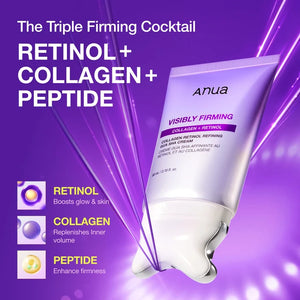 Anua visibly Firming cream tube with retinol, collagen, and peptide text on a purple background