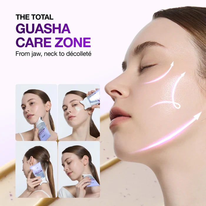 Advertisement for Guasha care zone with a woman applying cream and text 'The Total Guasha Care Zone'.