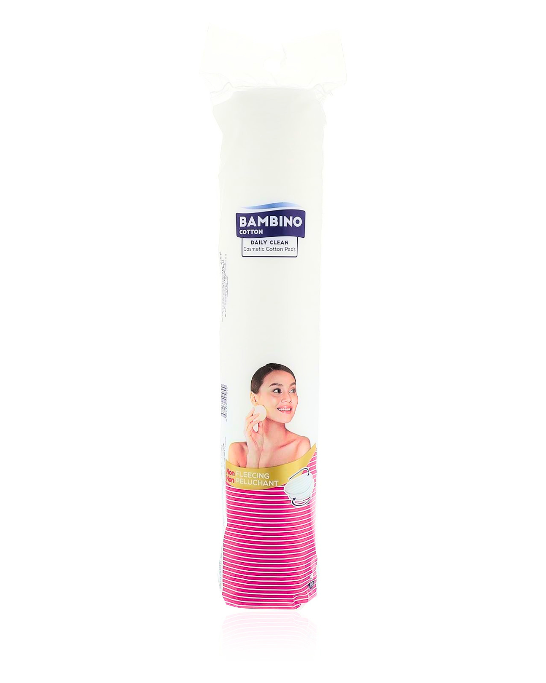 Packaged cotton pads with a woman's face on the packaging, featuring the brand 'Bambino'.