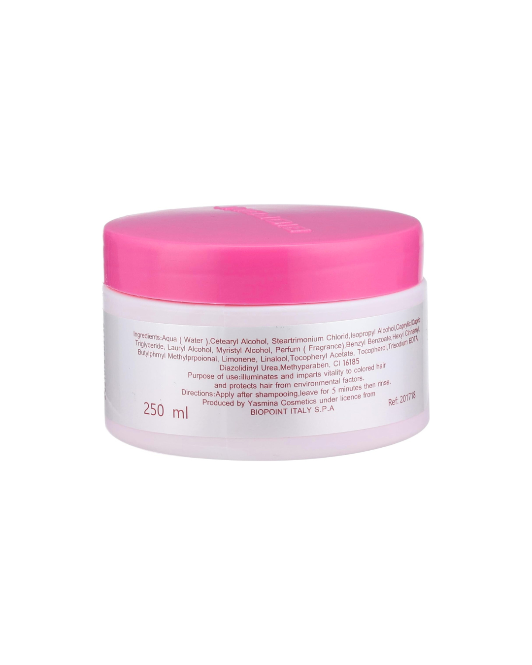 Cosmetic jar with pink lid and white label on a white background