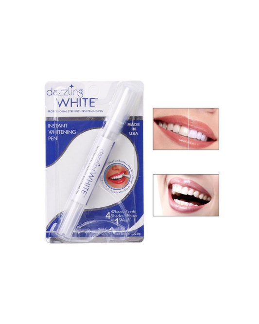 Dazzling White teeth whitening pen packaging with images of a smiling mouth.