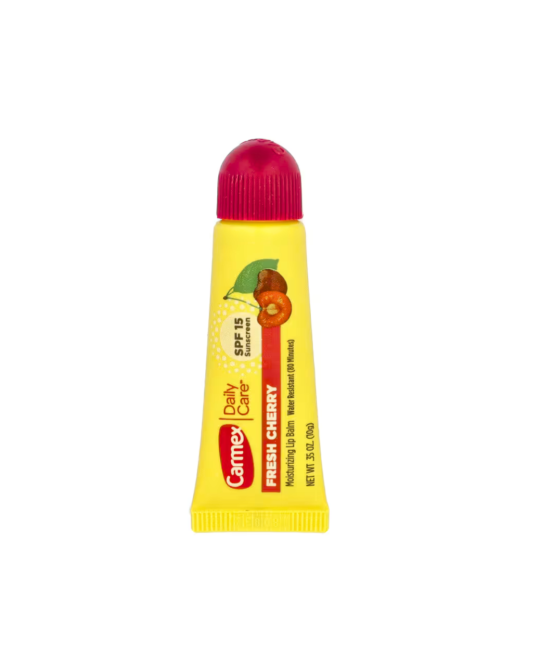Yellow Carmex lip balm tube with red cap on a white background
