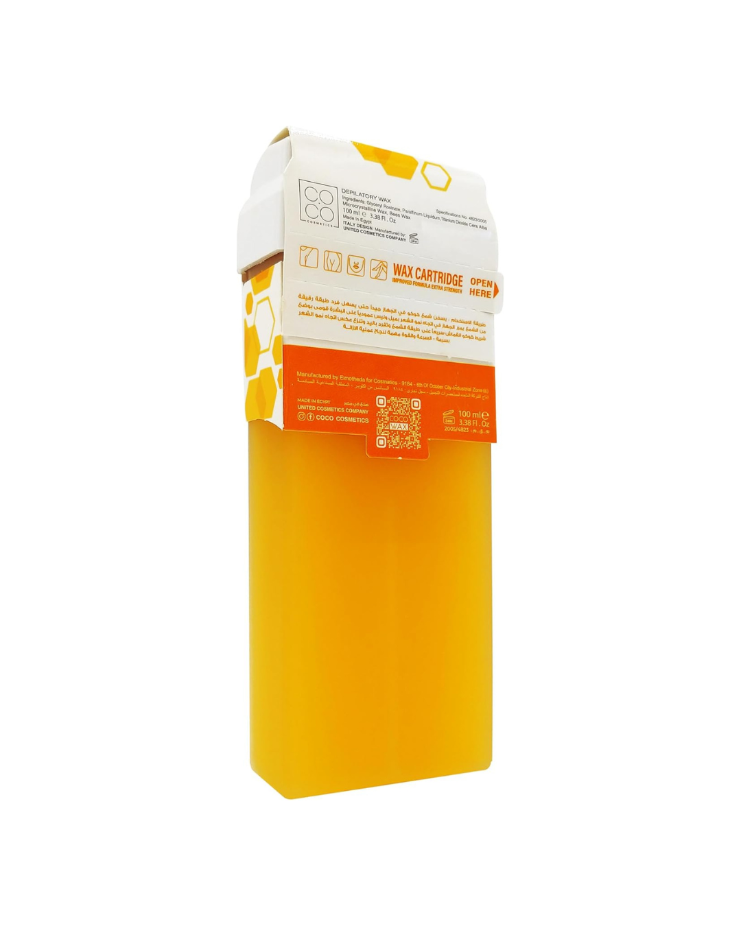 Yellow wax cartridge packaging with white label on a white background