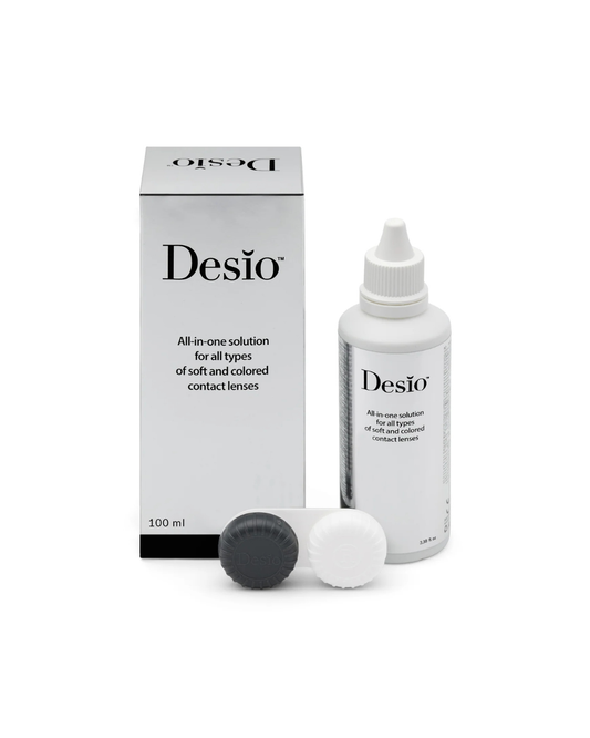 Desio contact lens solution bottle and packaging on a white background