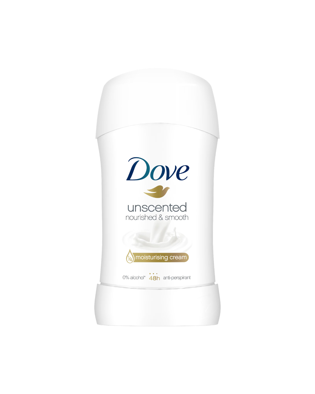 Dove unscented deodorant stick on a white background