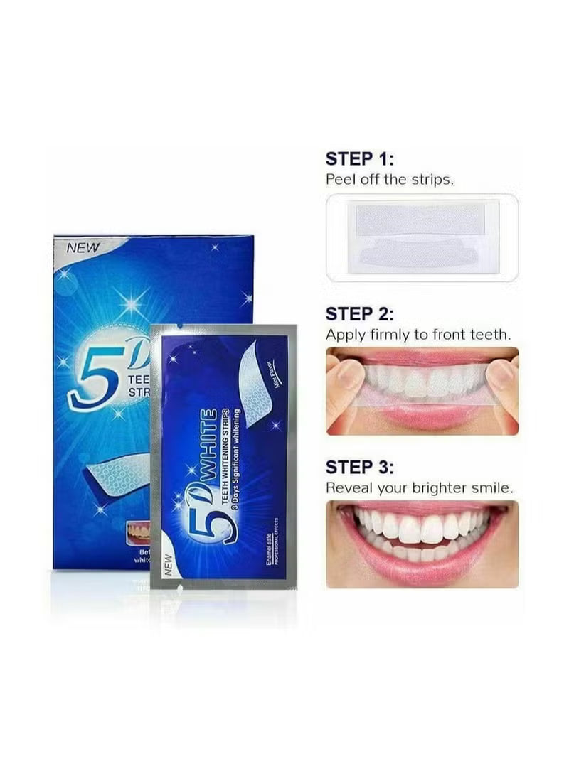 5D White teeth whitening strips packaging with usage steps on a white background