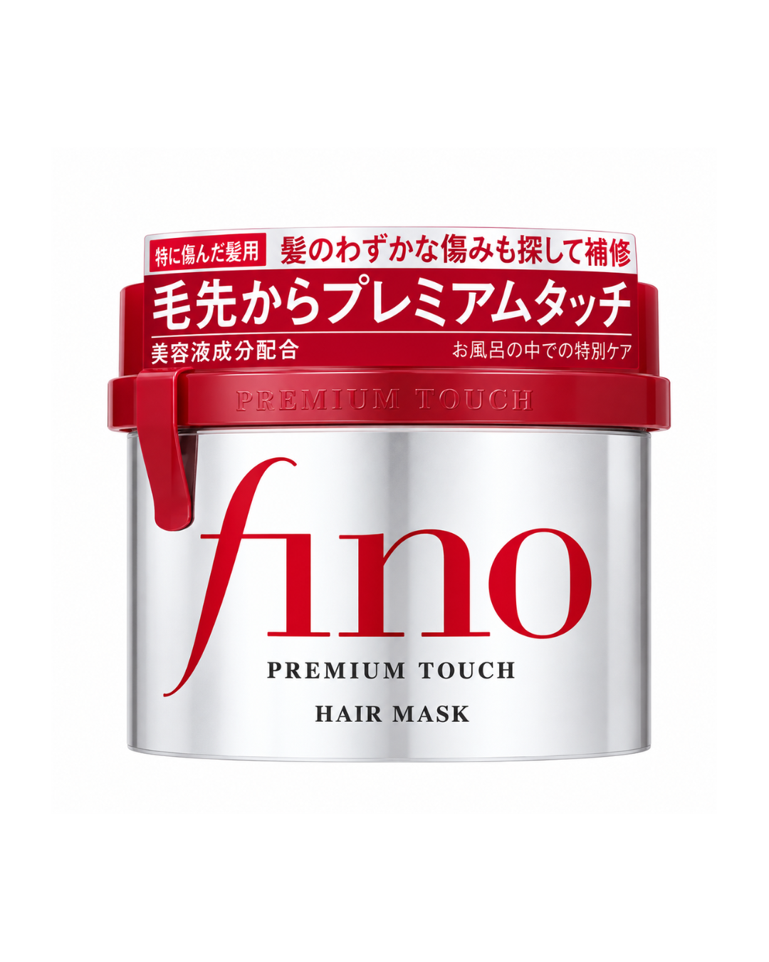 A white plastic jar of fino Premium Touch Hair Mask with a red lid and red branding, shown on a plain white background.