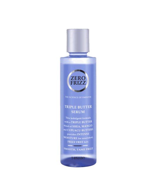 Zero Frizz triple butter serum bottle on a white background