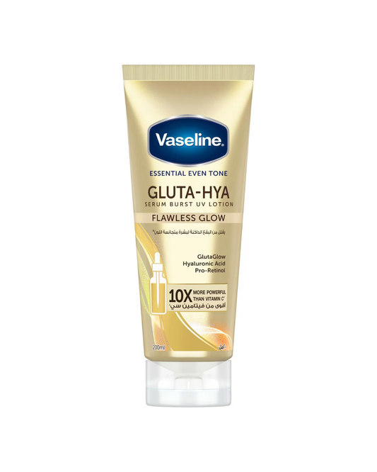 Vaseline Gluta-Hya Serum Burst UV Lotion in a 70ml squeeze tube, featuring a gold and beige design with a blue Vaseline logo on a white background.