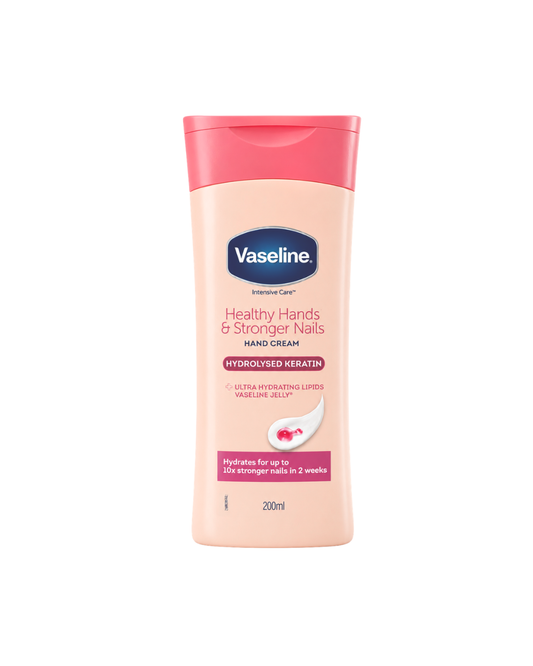 Vaseline Intensive Care Healthy Hands & Stronger Nails Hand Cream in a 200ml squeeze bottle with a pink cap, on a white background.