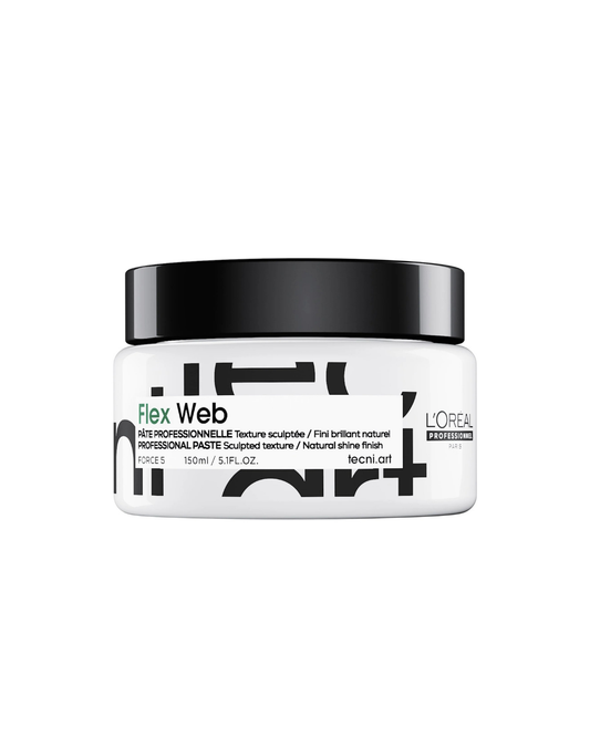 L'Oréal Professionnel Flex Web Net Art hair texture paste in a white jar with a black lid, shown on a plain white background.