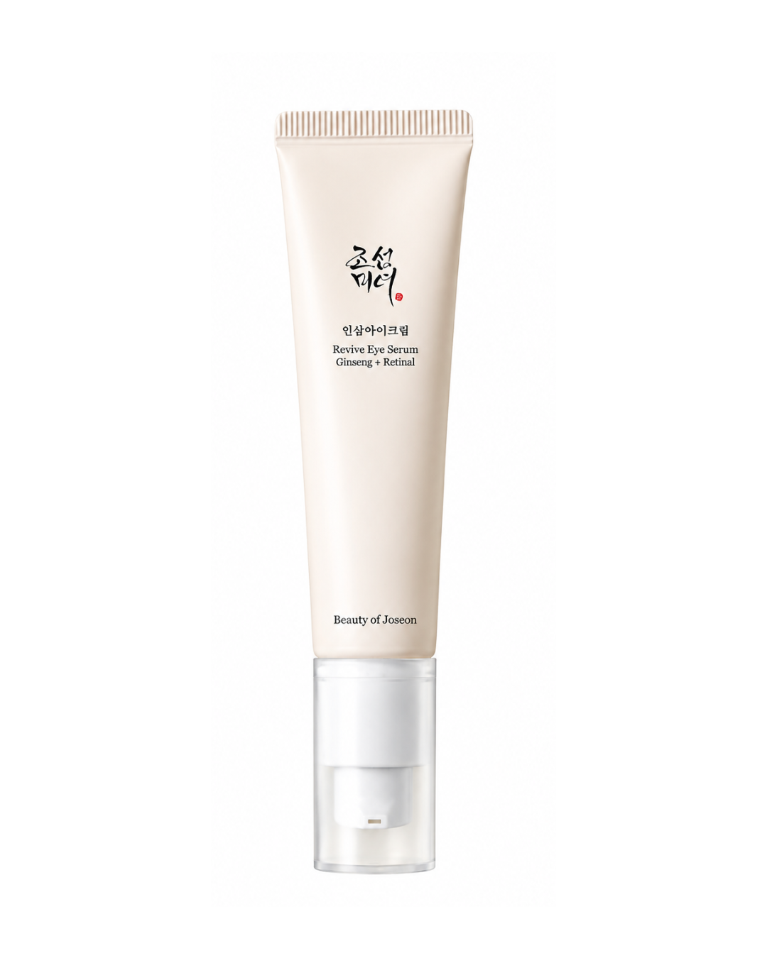 Beauty of Joseon Revive Eye Serum in a cream-colored squeeze tube with a clear cap, centered on a white background.