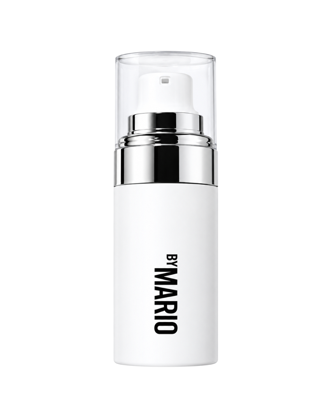 A white cosmetic pump bottle with a clear cap and a shiny silver collar, featuring the brand name 'BY MARIO' printed vertically in black on the front, set against a plain white background.