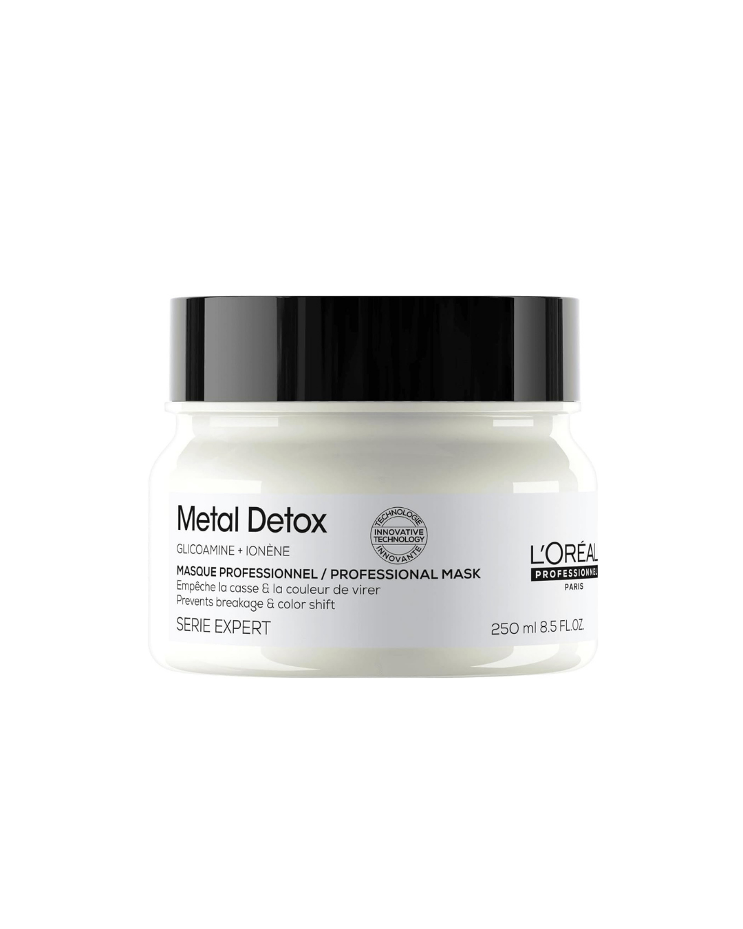L'Oreal Serie Expert Metal Detox mask jar with white glass shade and chrome finish on a white background