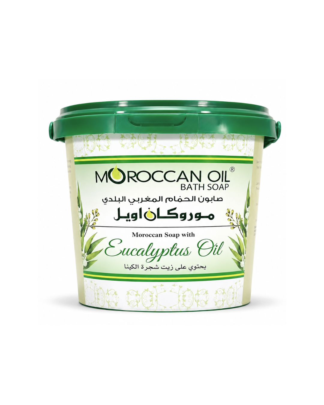 A tub of Moroccan Oil Bath Soap with Eucalyptus Oil, featuring a green lid and a white label with green text and botanical illustrations, set against a plain white background.
