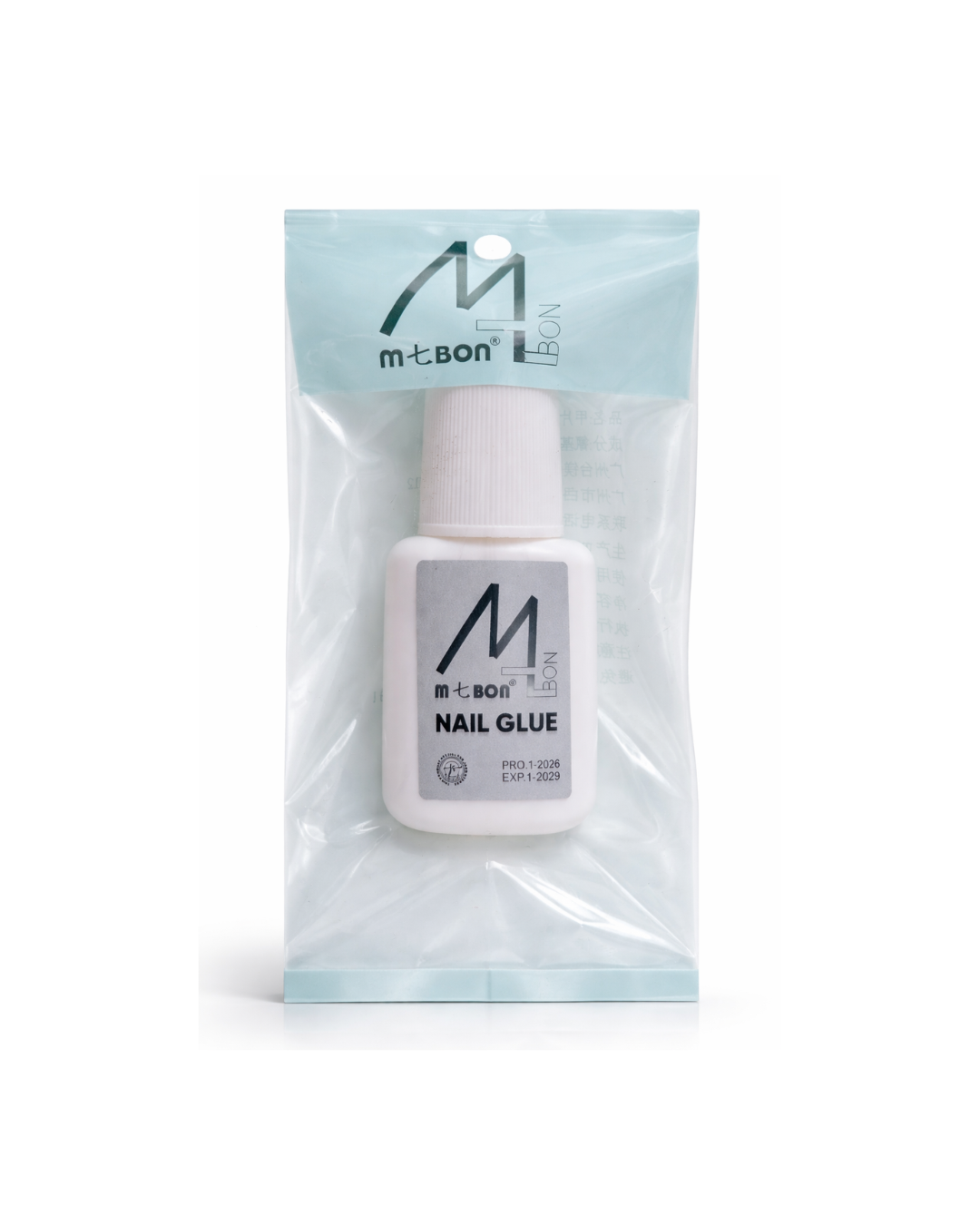 M-bom nail glue bottle in clear packaging on a white background