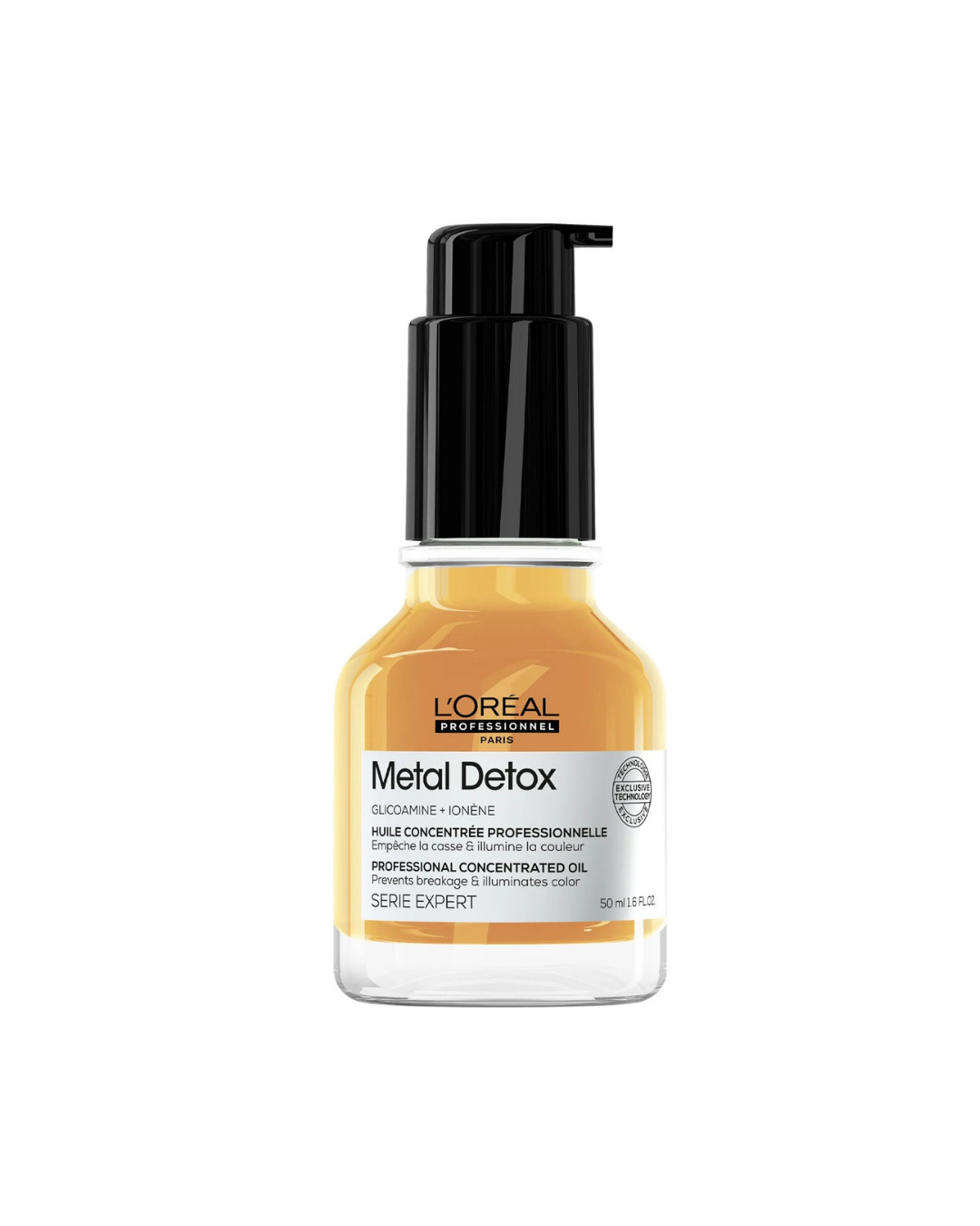 L'Oréal Professionnel Metal Detox hair color bottle with a black pump dispenser and a clear glass bottle showing the golden-yellow hair color inside, set against a plain white background.