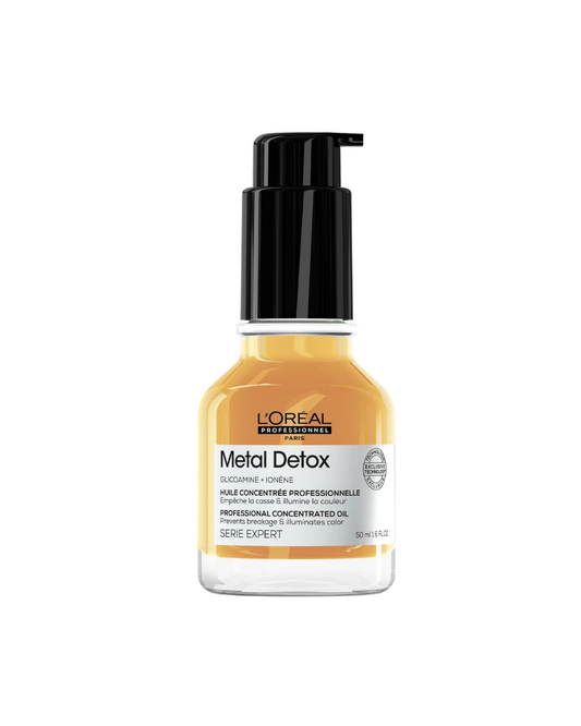 L'Oréal Professionnel Metal Detox hair color bottle with a black pump dispenser and a clear glass bottle showing the golden-yellow hair color inside, set against a plain white background.