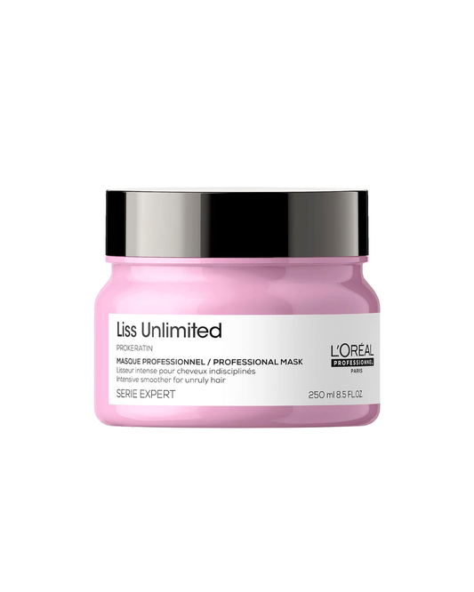A jar of L'Oréal Professionnel Paris Liss Unlimited Proxibatén Professional Mask in a light pink container with a black lid, on a plain white background.