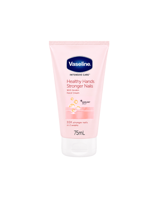 Vaseline Healthy Hands Stronger Nails hand cream in a 75ml pink squeeze tube with a clear cap, shown on a plain white background.