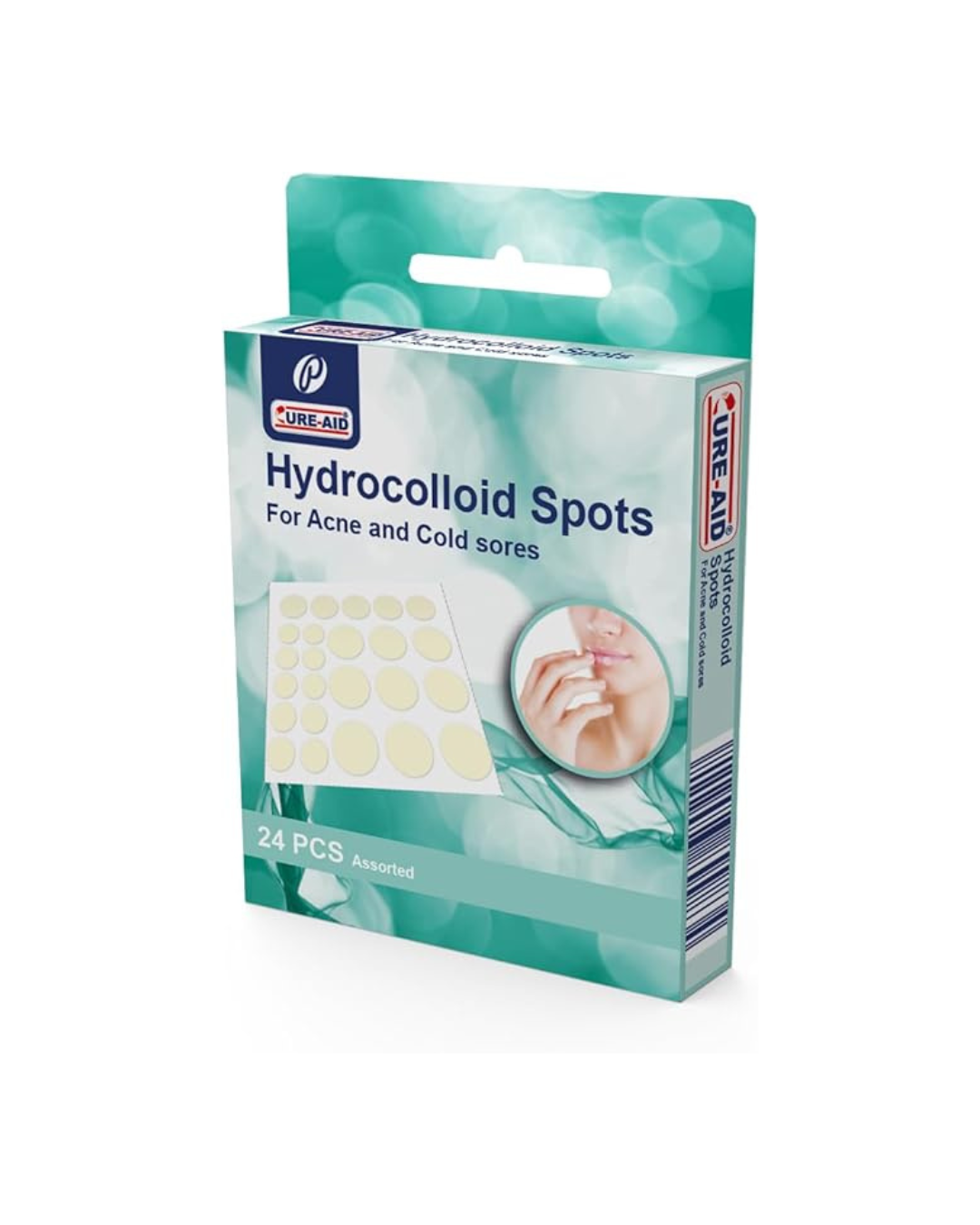 Pack of hydrocolloid spots for acne and cold sores on a white background